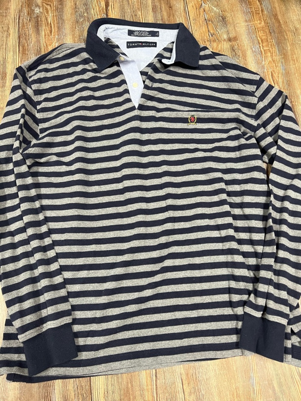 Tommy Hilfiger preppy navy and grey striped long sleeve polo shirt